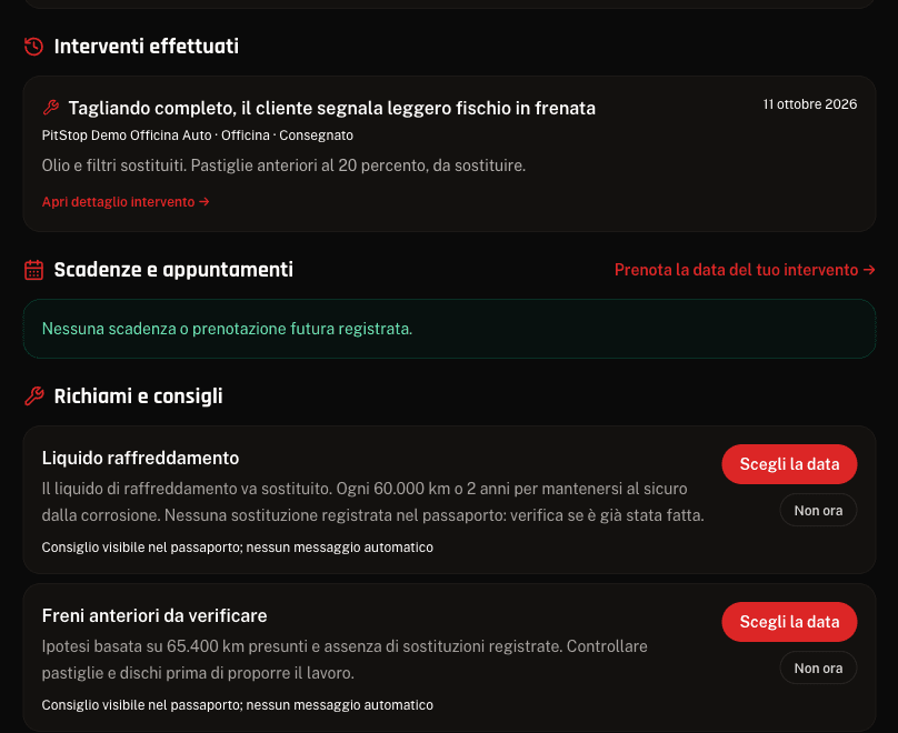 Il passaporto del mezzo visto dal cliente: l'intervento nello storico e i promemoria successivi.